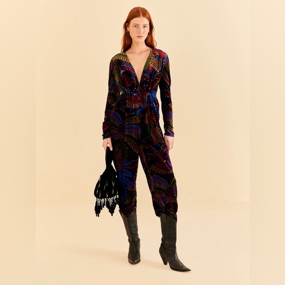 Farm Rio midnight island v neck velvet jumpsuit
